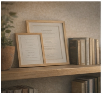 Книги и рамки с квалификации — дискретна, професионална визия.