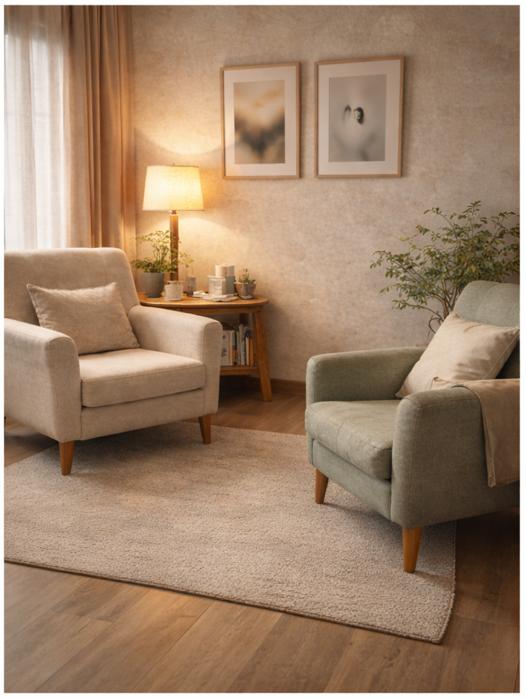 Терапевтичната стая — две кресла, меко осветление, растения и неутрална картина.