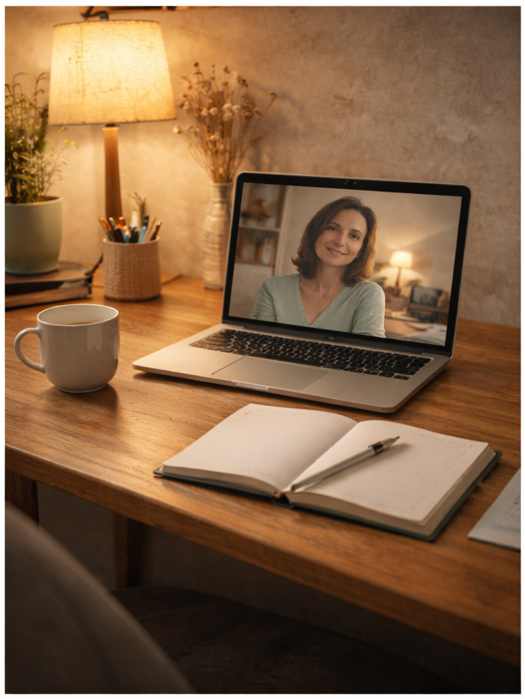 Онлайн сесия — лаптоп на бюро с тефтер, чаша и топла лампа.