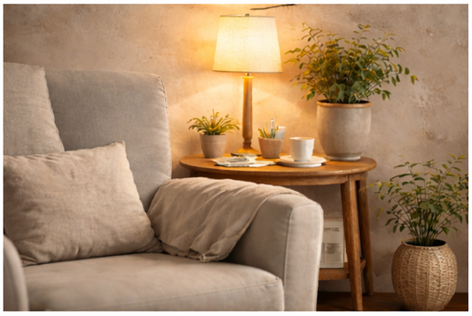 Уютен ъгъл с лампа и растения — безопасност и предвидимост.