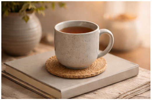 Чаша чай върху книга — спокойно темпо и подкрепяща атмосфера.